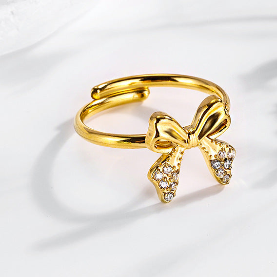 Wholesale 2PCS Steel-titanium bow zircon ring adjustable