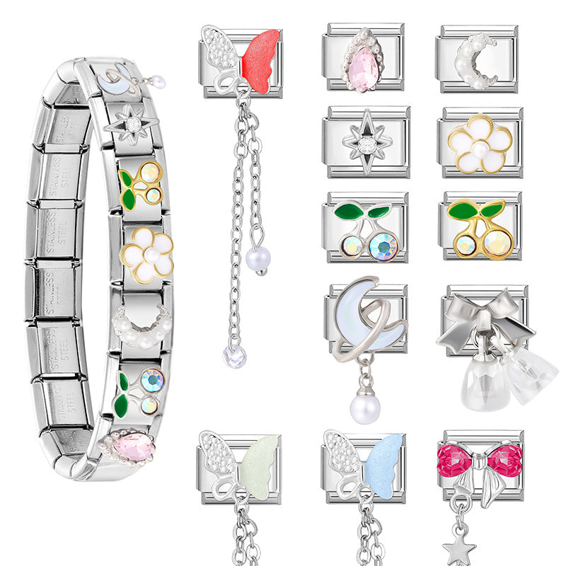 Wholesale Italian Charm Bracelet 9mm DIY Splicing Butterfly Patch Stainless Steel Composable Bracelet