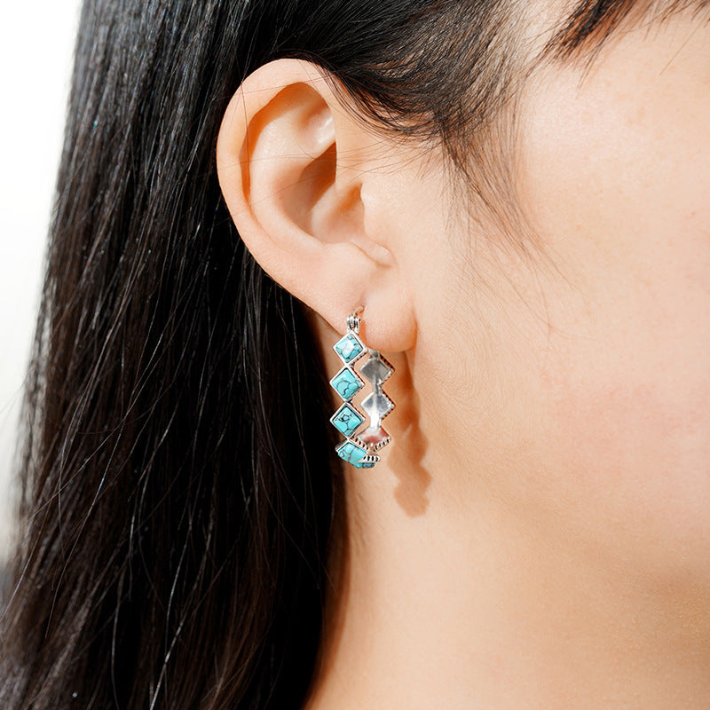 Wholesale Turquoise Diamond U-Shaped Earrings Fashion Jewelry Accessory for Boutique Resale