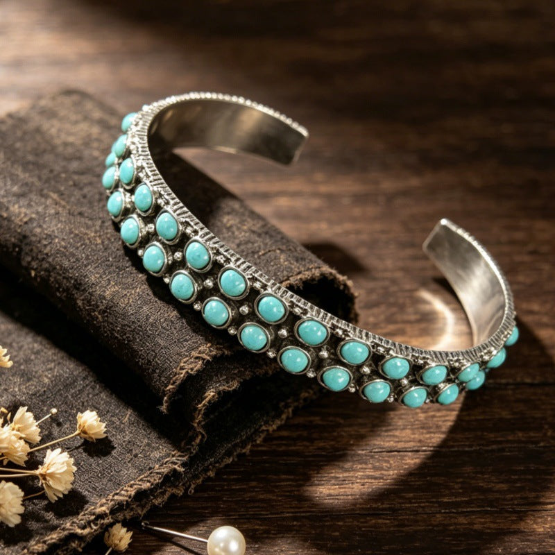 Wholesale Vintage Distressed Double Row Turquoise Open Cuff Bracelet,  Silver Alloy Bohemian Jewelry,  Trendy Gift for Resale