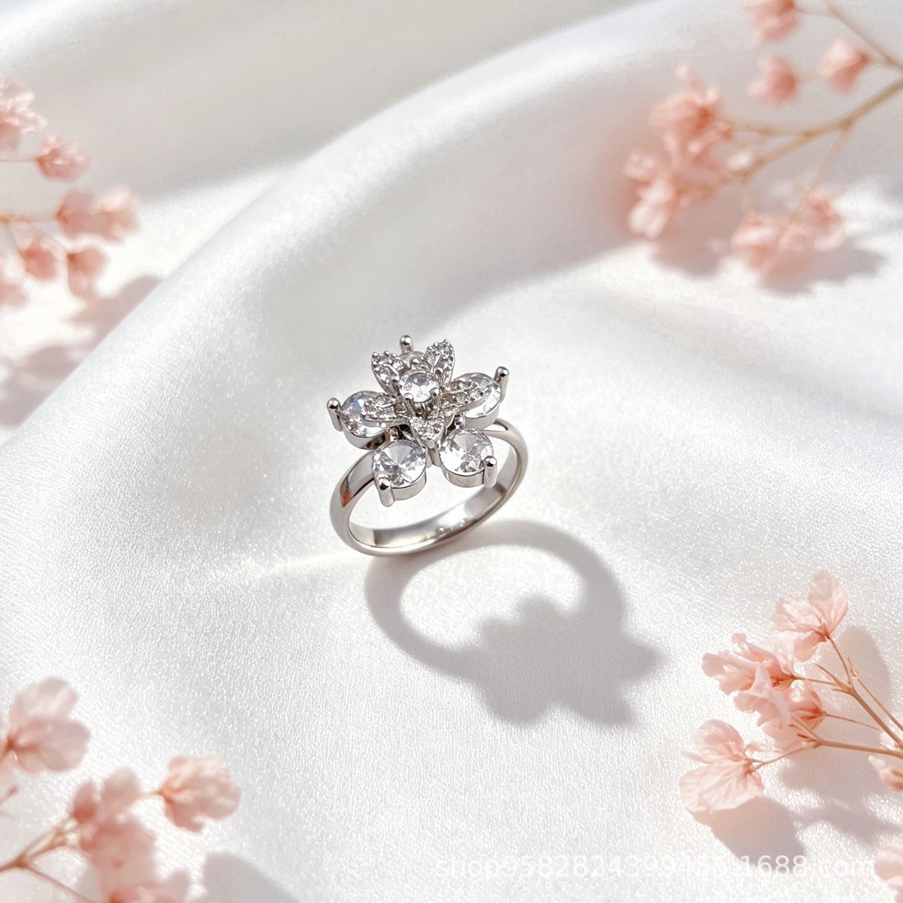 Wholesale 360° Rotating Double-Layer Flower Ring Gold Plated Zircon Fashion Accessory Boutique Gift