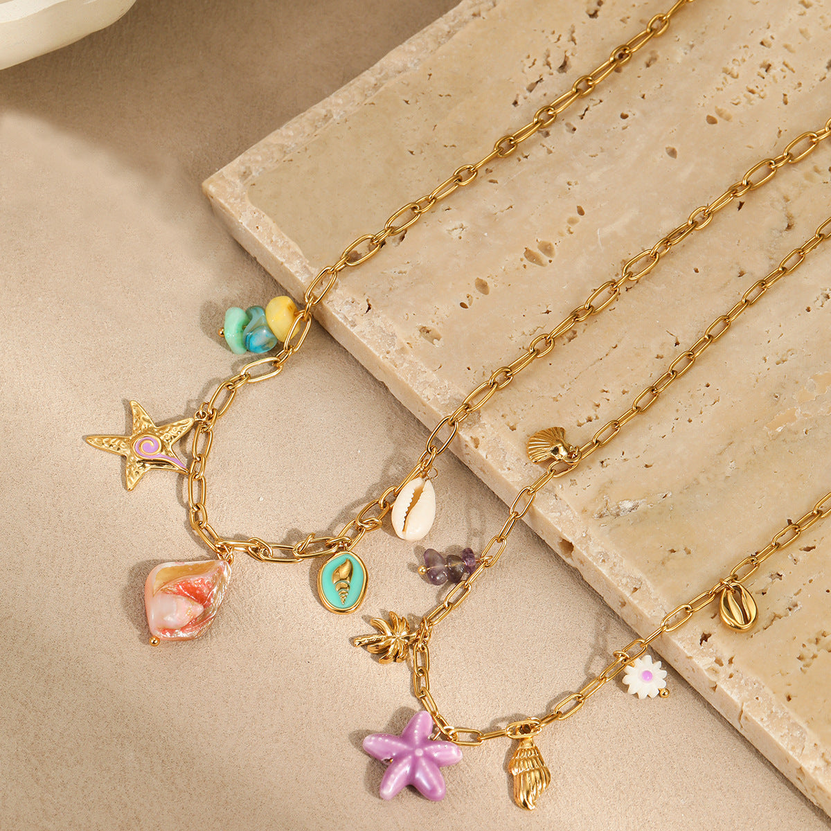 Wholesale stainless steel necklace shell conch natural stone pendant necklace