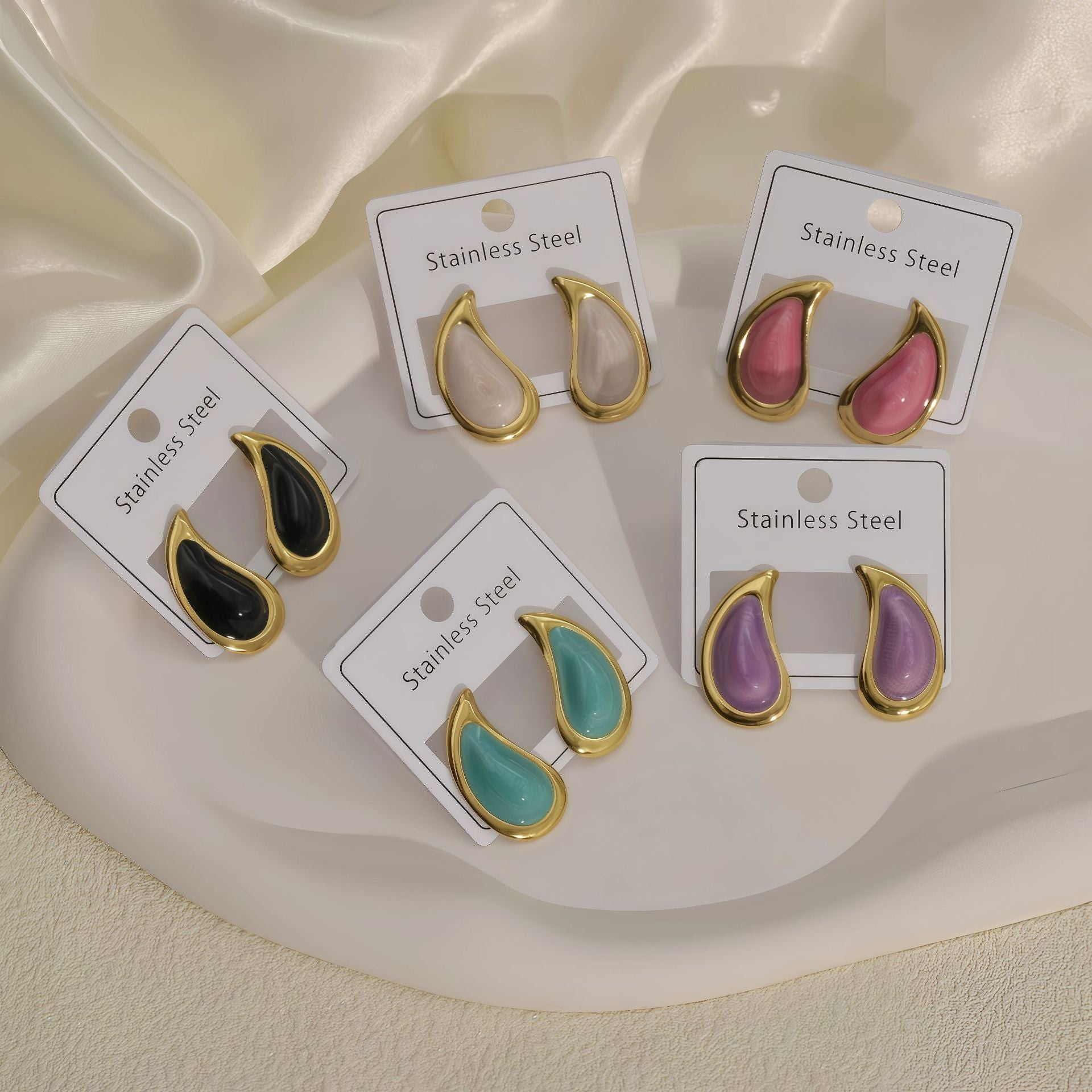 Wholesale Stainless Steel Teardrop Enamel Morandi Color Earrings