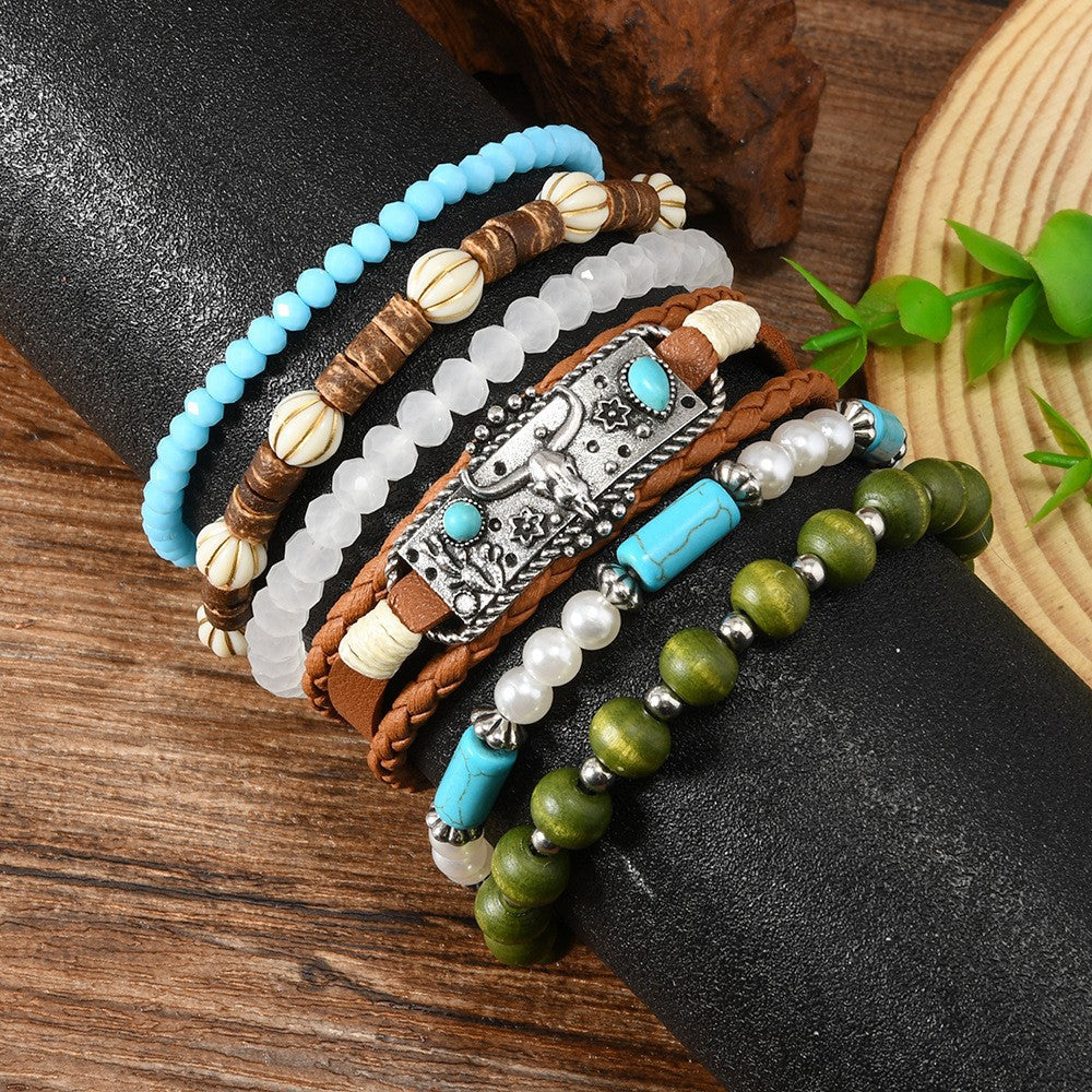 Wholesale Western style Layered Bracelet Set Turquoise Beaded Bracelet Leather Bracelet Jewelry