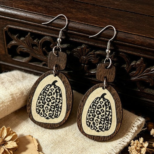 Wholesale  Pumpkin Printed Wooden Drop Earrings Women French Retro Unique Jewelry Accessory Gift And Boutique Resale