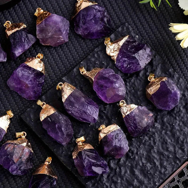 Wholesale Irregular Natural Amethyst Crystal Pendant Necklace Gold Plated DIY Charm Jewelry Accessory
