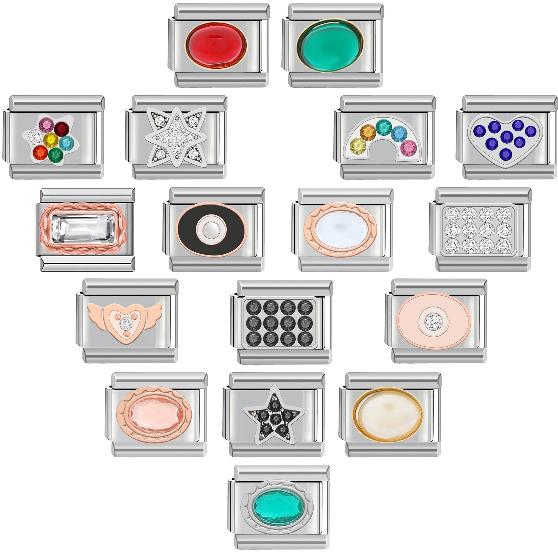 Colorful square Italian-style charm links with decorative crystal-like accents