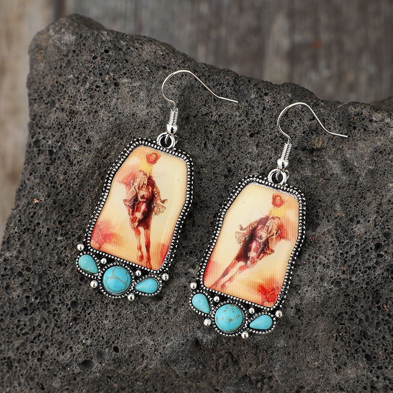 Wholesale Retro Geometric Animal Turquoise Alloy Earrings Bohemian Fashion Accessory Boutique Resale