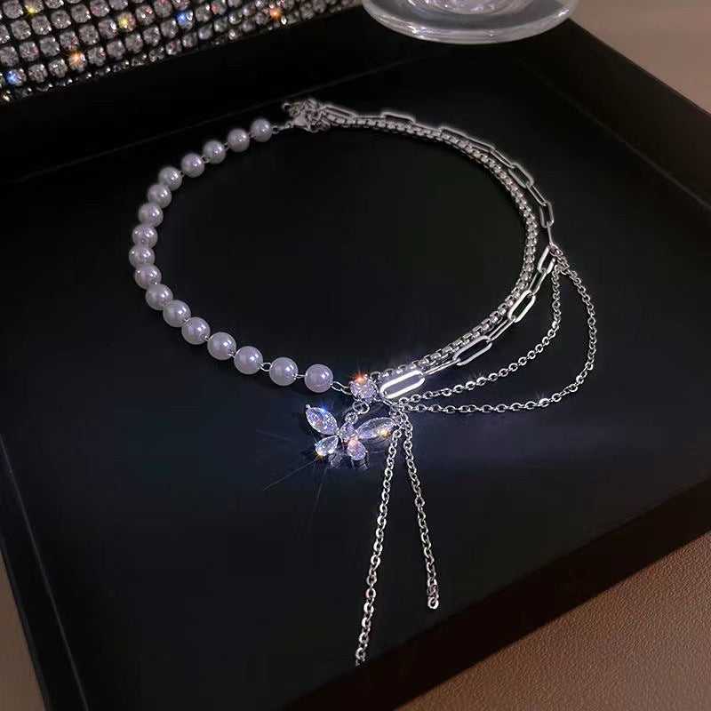Wholesale Pearl  Zircon Butterfly Tassel Stitching Niche Design Light Luxury Necklaces