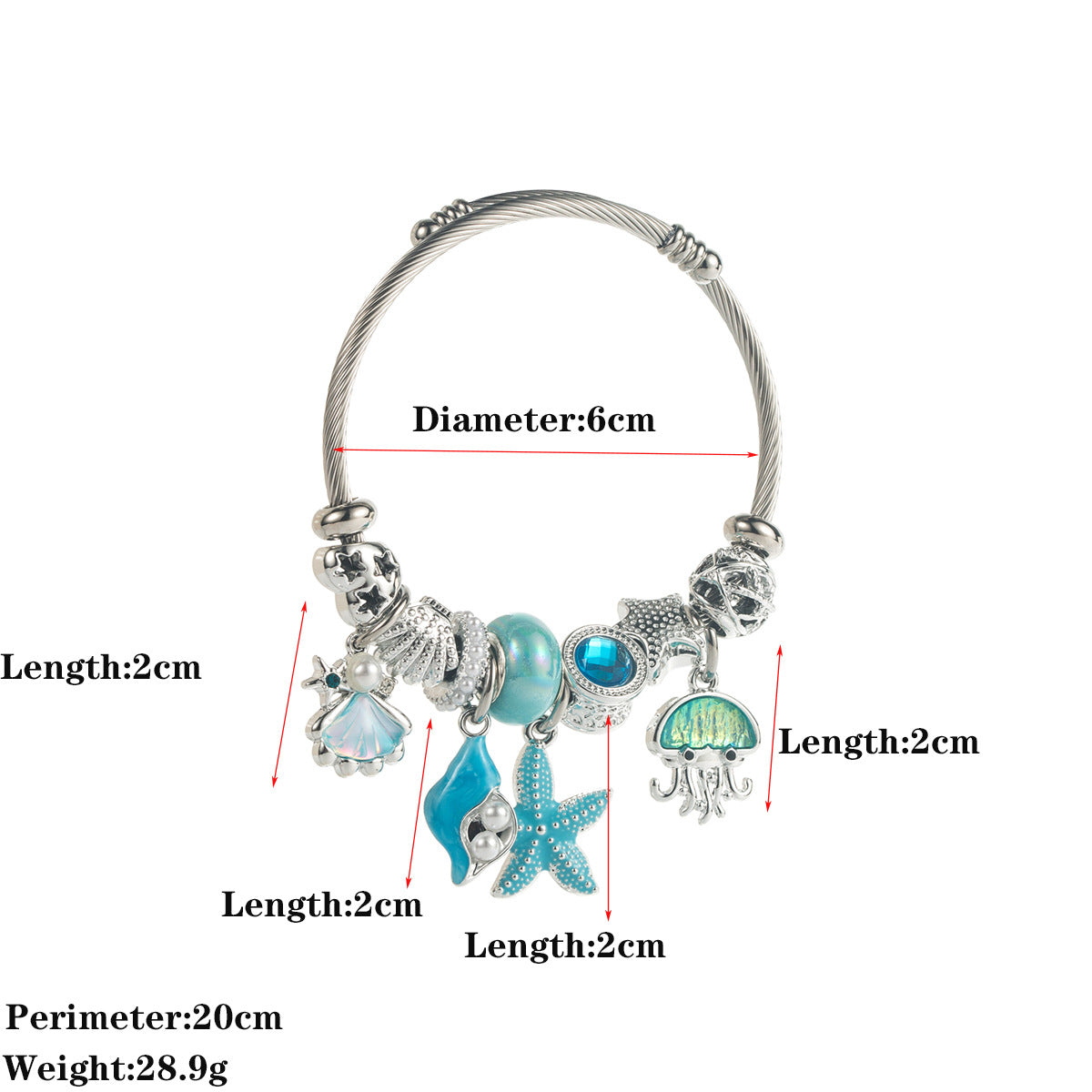 Wholesale Trendy Blue Ocean Themed Stainless Steel Bracelet With Zircon Starfish Pearl Jellyfish Pendants Adjustable Bangle Jewelry Accessory