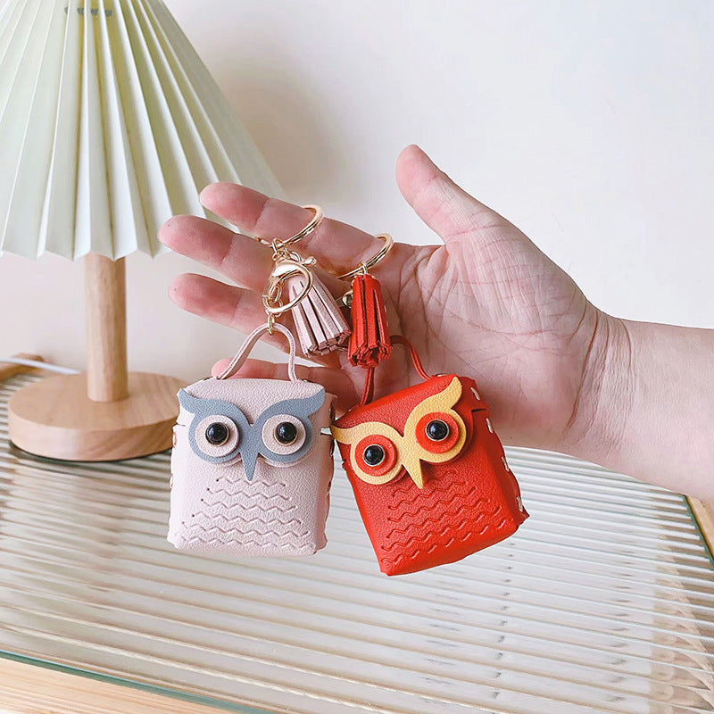 Wholesale Trendy Silver Owl Artificial Leather Earphone Pouch Keychain Bag Charm For Keys Gift Resale