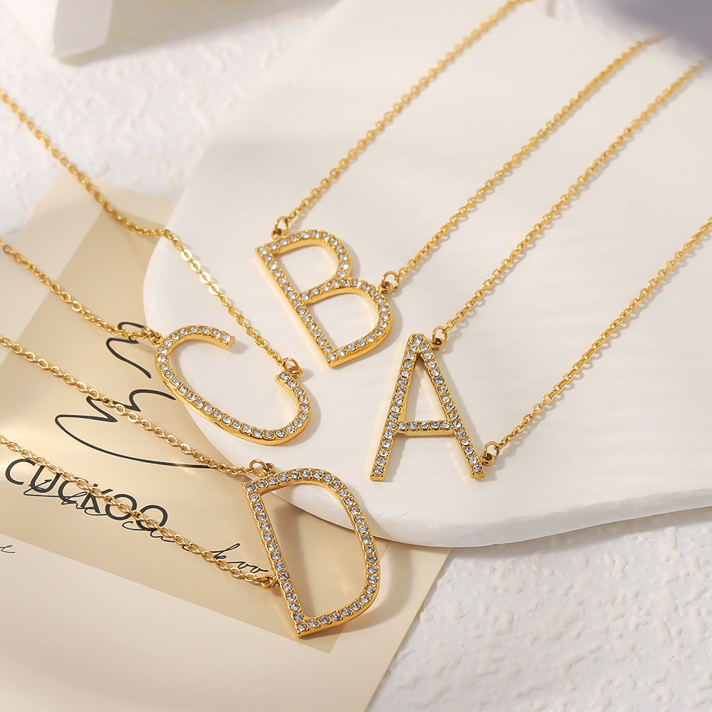 Wholesale Stainless steel letter pendant necklace diamond plated 18K gold  necklace