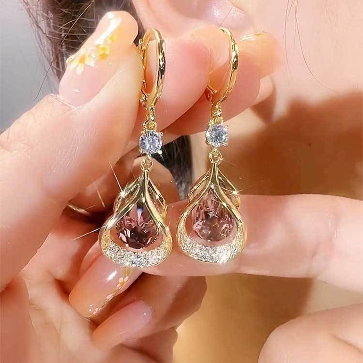 Wholesale diamond-embedded geometric crystal water drop earrings