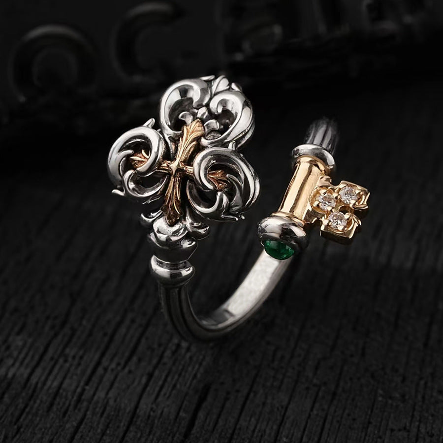 Wholesale Zinc Alloy Electroplated Vintage Petal Key and Cross Design Open Ring Trendy Jewelry Accessory for Gift and Resale