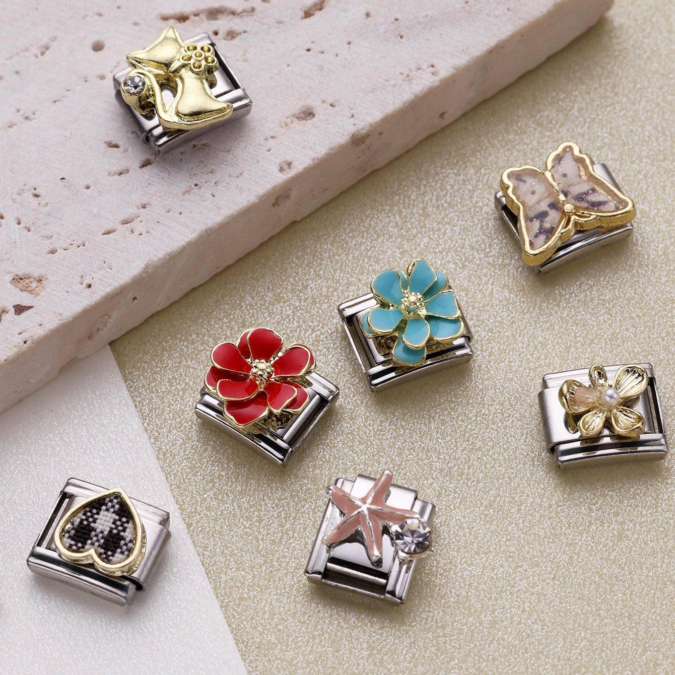 Wholesale 10pcs Italian Charm Bracelet 9mm DIY Splicing Flower Fruit Rainbow Series Stainless Steel Composable Bracelet