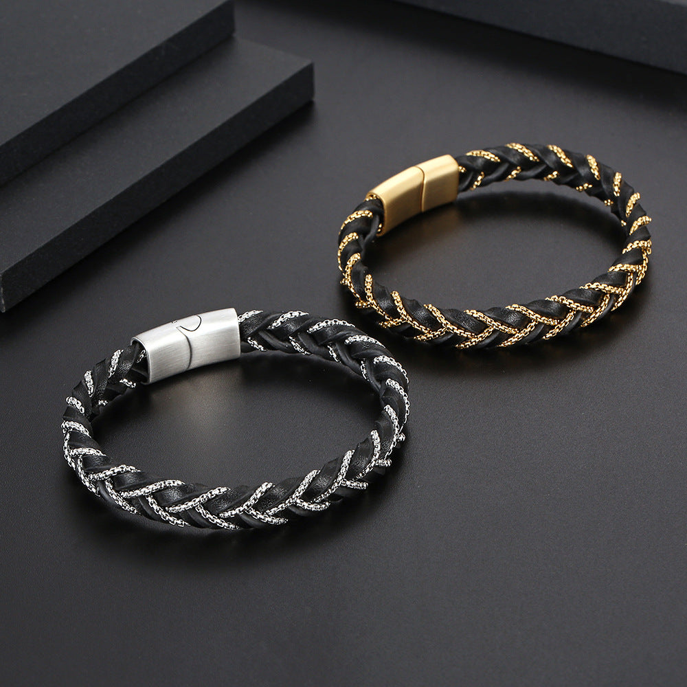 Wholesale Titanium Steel Circle Braided Leather Bracelets ACC-BT-Yixin002