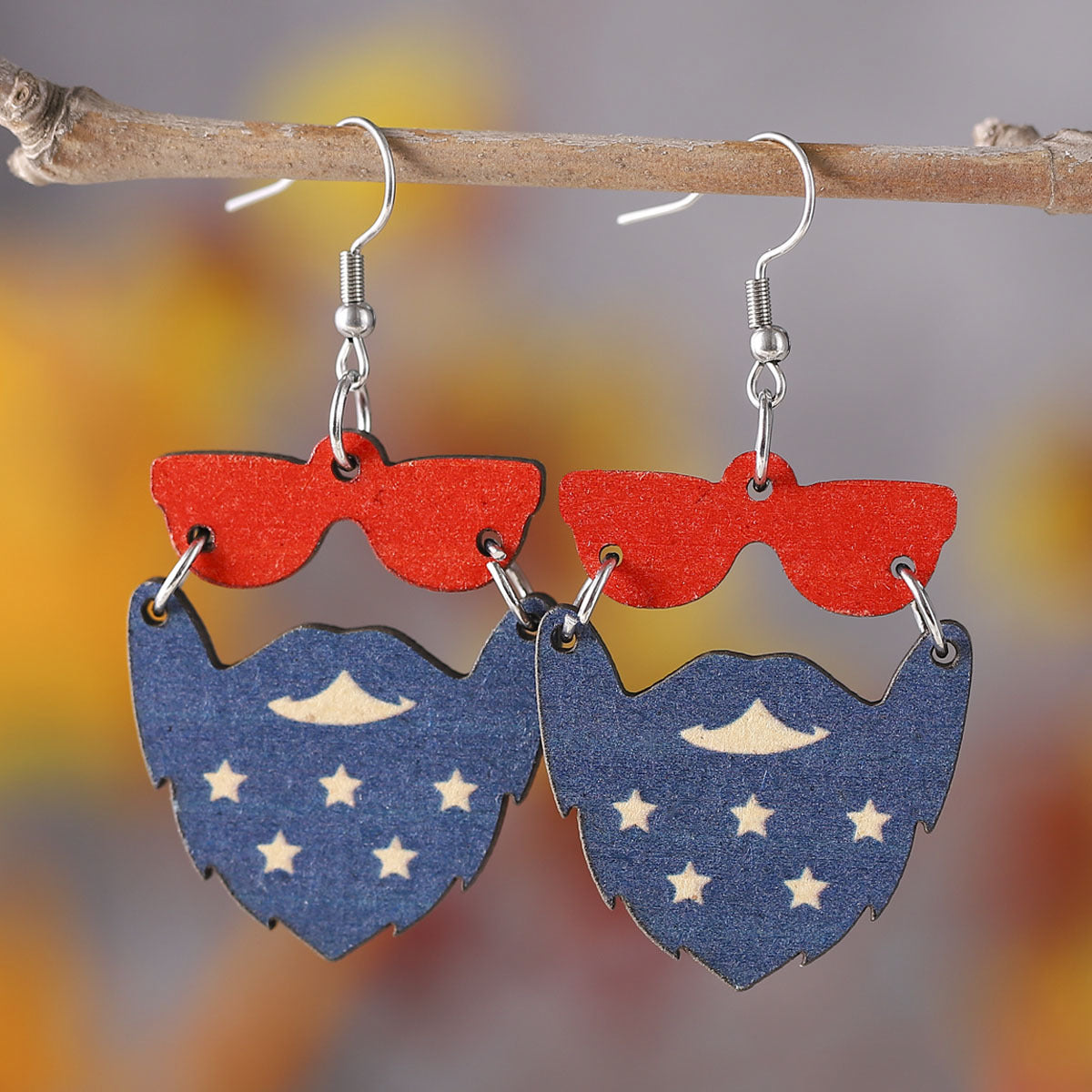 Wholesale of American Independence Day Red, White, Blue Flag, Love Star Hat, Beard, Wooden Double Sided Earrings ACC-ES-ChuLian004