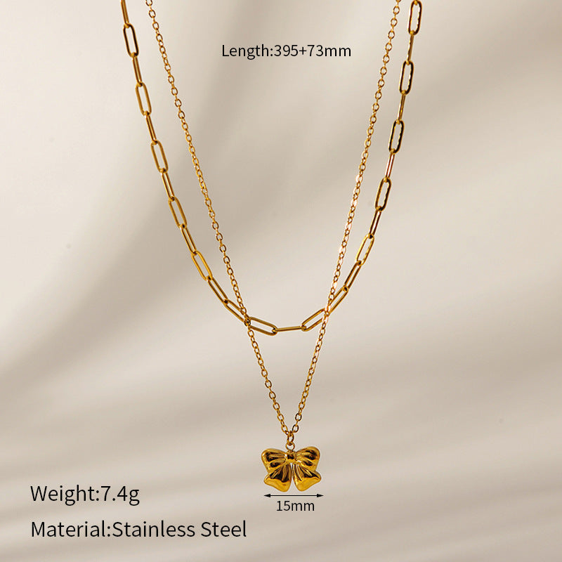 Wholesale Titanium Steel 18k Golden Bow Chain Double Butterfly Pendant Necklace