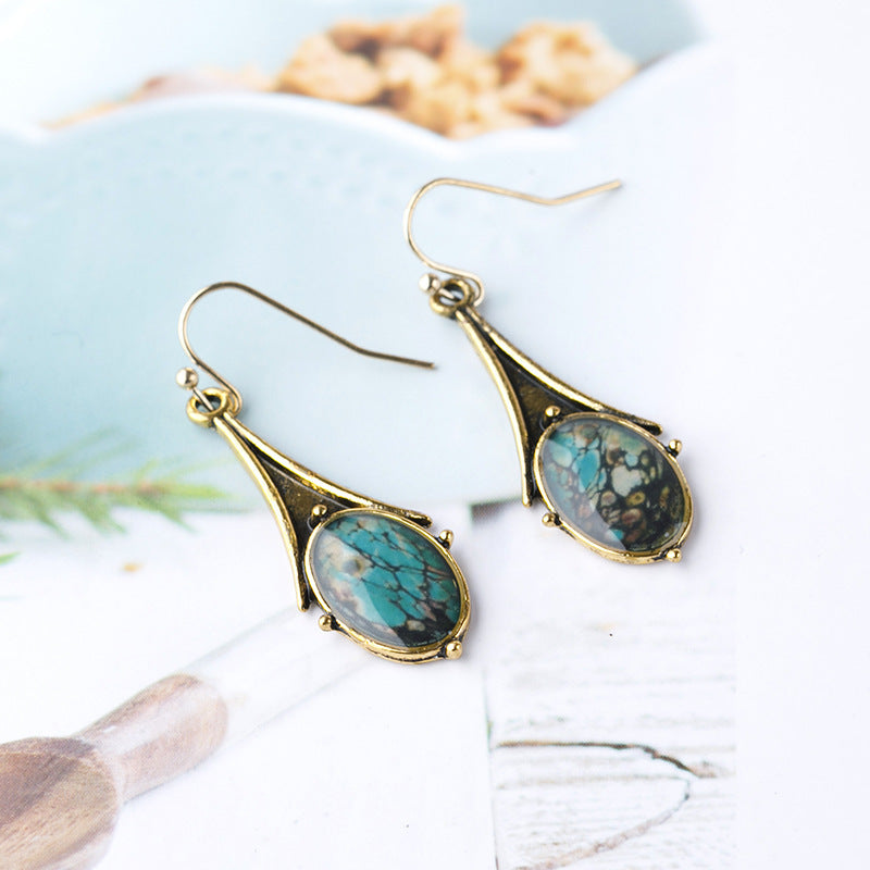 Wholesale Retro Gold Marble Drop Flower Earrings,  Turquoise Ear Hook,  Chic Jewelry Accessory,  Gift for Her