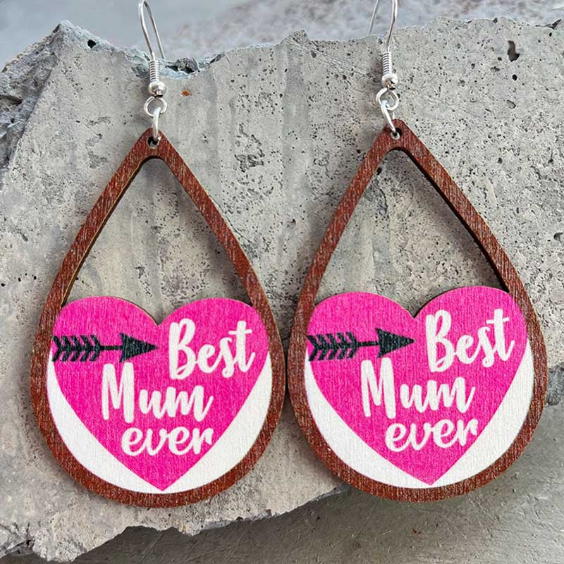 Wholesale 2 Pairs/pack Mother's Day Drop Shape Heart Best MuM Wooden Earrings ACC-ES-HY034