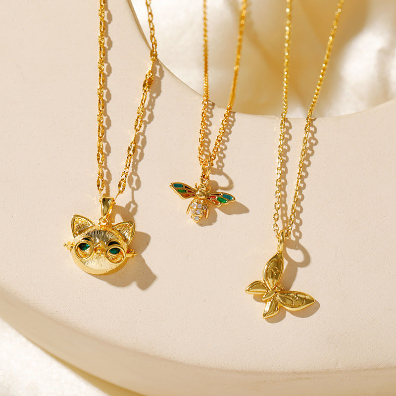 Wholesale Stainless steel  Eye Cat Zircon Copper Plated 18K Gold Color Golden Butterfly Necklaces