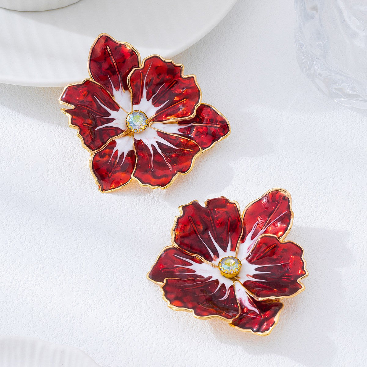 Wholesale Trendy Red Flower Stud Earrings Electroplated Alloy Party Jewelry Accessory For Women