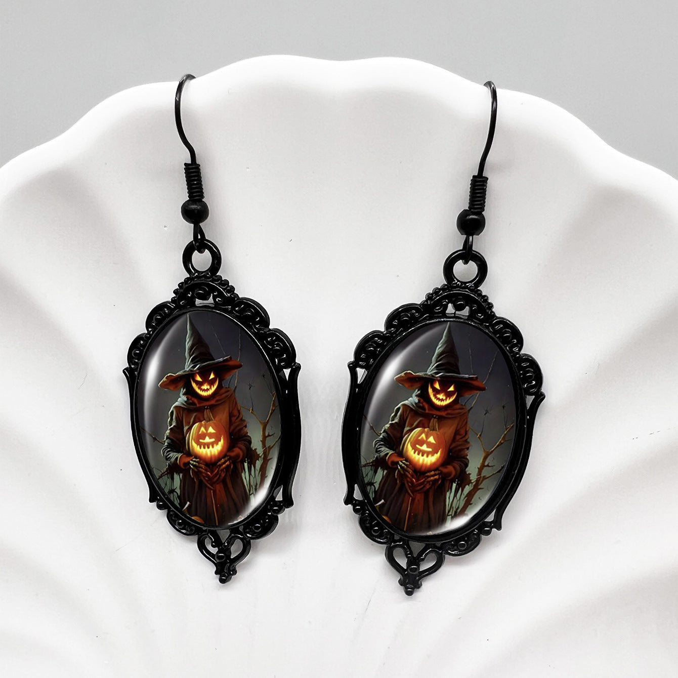 Wholesale Halloween Crow Skull Oval Lace Witch Pumpkin Black Cat Moon Metal Earrings ACCVIP-ES-XiangLian006