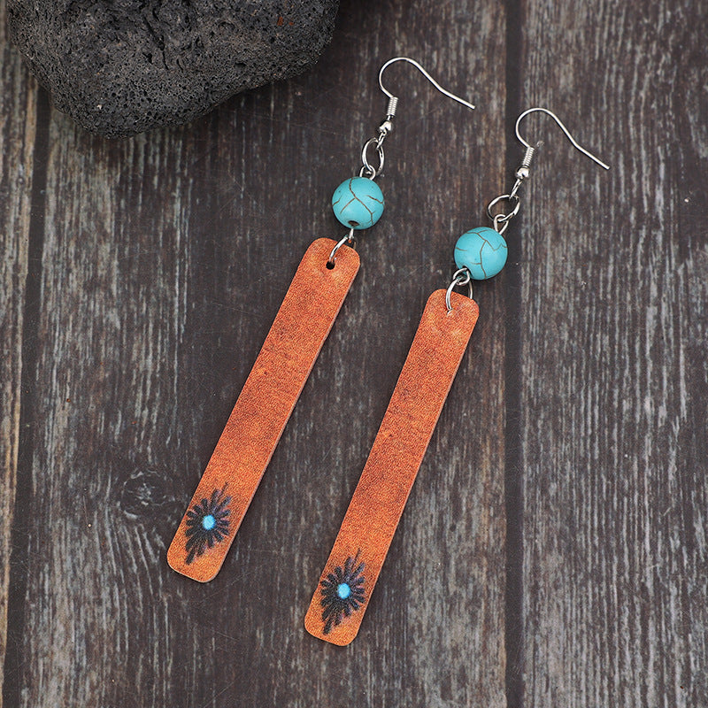 Wholesale Retro Style Turquoise ing Rectangular Long Pendant Leather Earrings Party Wear Fashion Accessory
