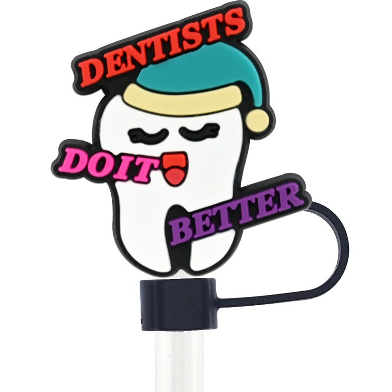 Wholesale random 100pcs Teeth Care Series 10mm PVC Soft Straw Tube Cap  ACC-SCR-RYY113