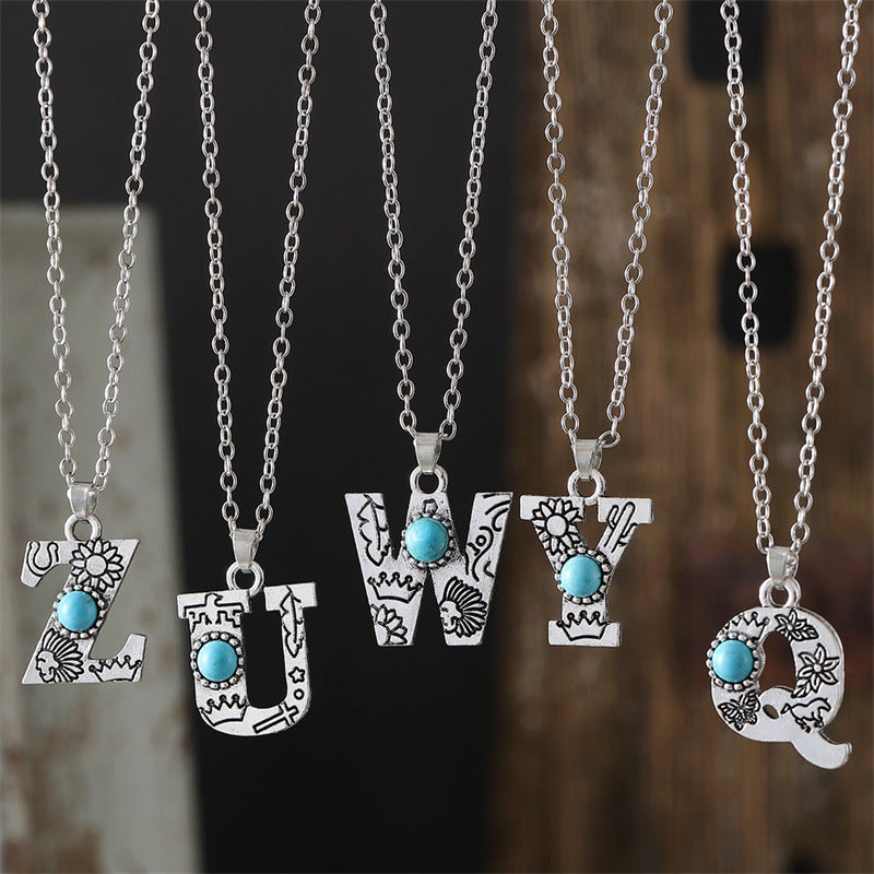 Wholesale  Retro 26 English Letter Turquoise Necklace Clavicle Chain