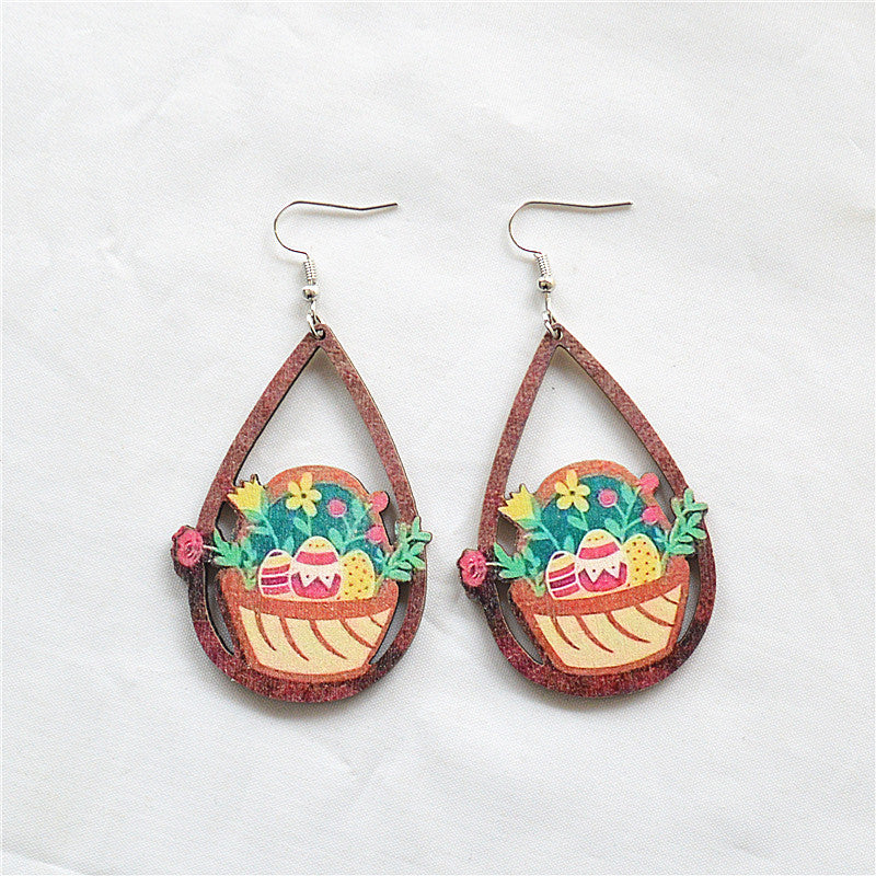 Wholesale Easter Painted Leopard Print Water Drop Hollow Wooden Earrings