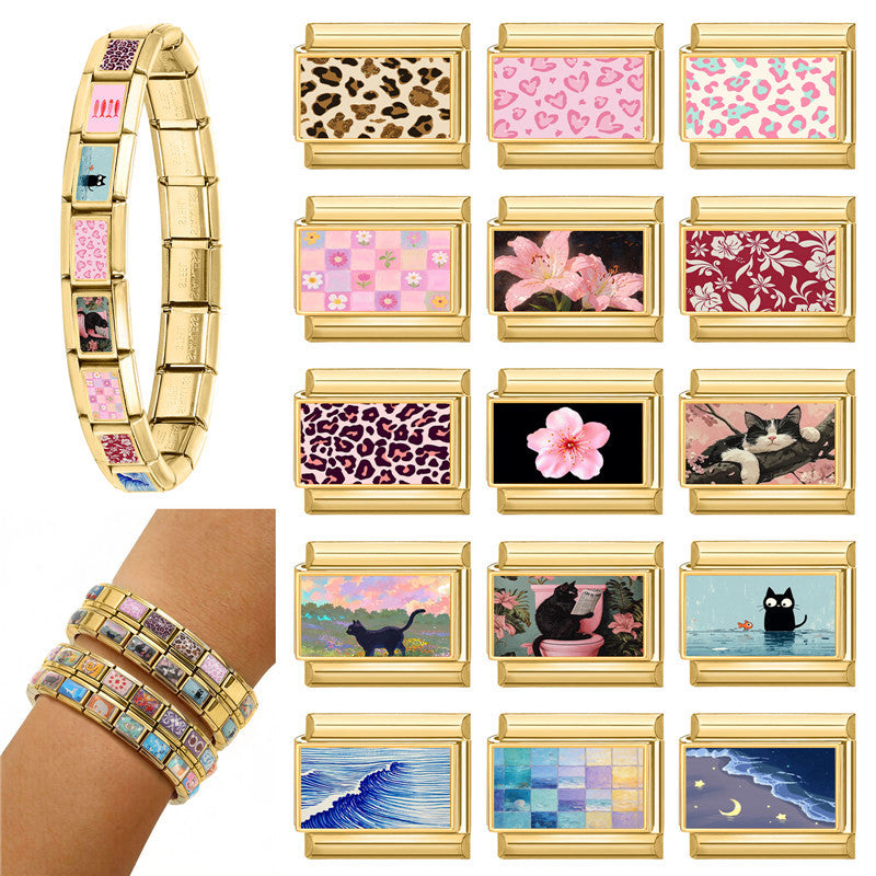 Wholesale Gold Plated Stainless Steel DIY Cat Leopard Flower Bracelet Charms Jewelry Making Accessories
