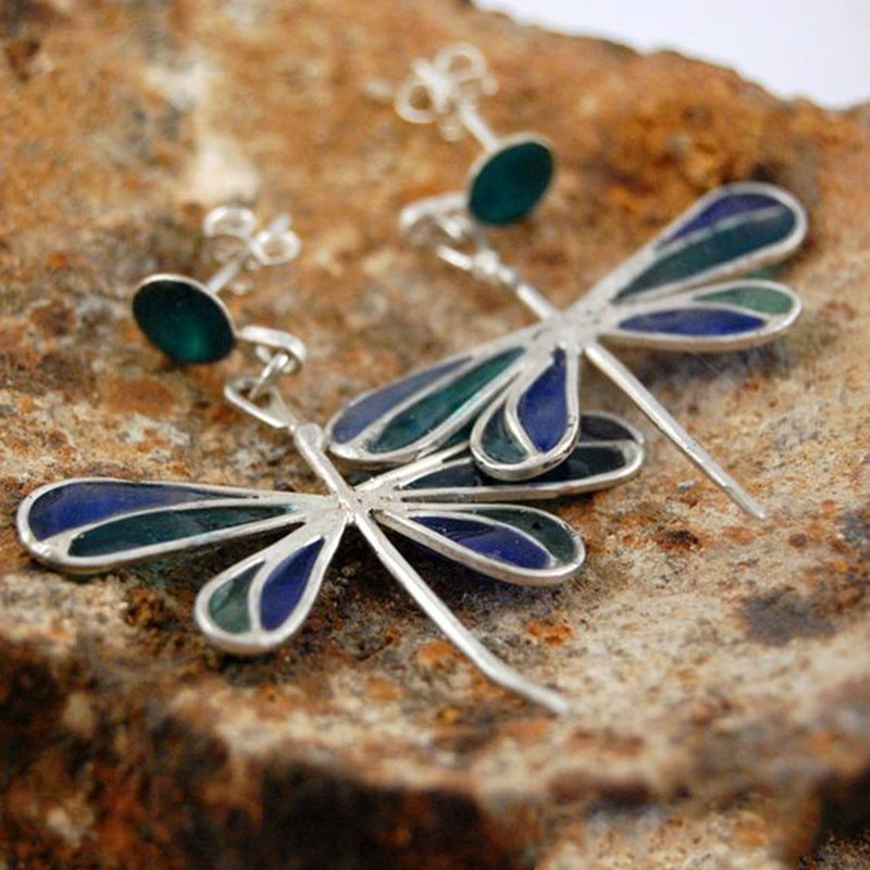 Wholesale Creative new insect dragonfly long earrings metal inlaid moonstone earrings