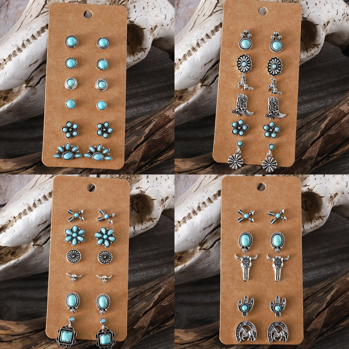 Wholesale Cute turquoise earrings set round bead flower cat claw earrings