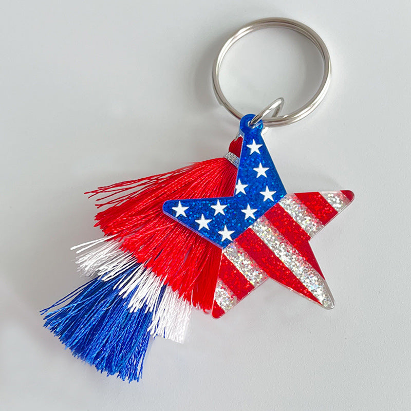 Wholesale 2pcs American Independence Day Pentagram Heart Shape Multi-Layered Tassel Keychain ACC-KC-HY024