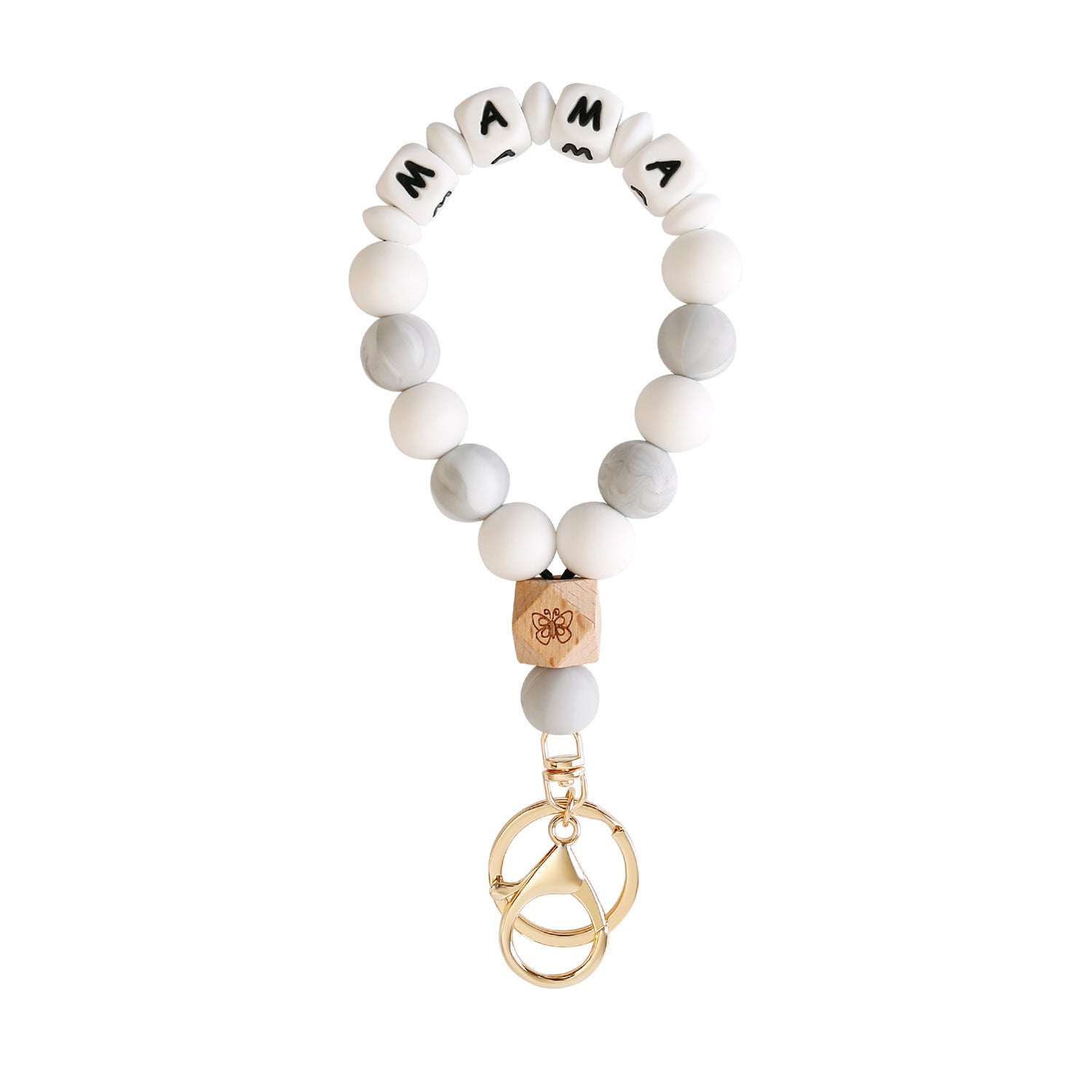 Wholesale MAMA Silicone Bracelet Keychain Butterfly Wooden Beads Beaded Mother's Day Keychain Wristlet Keychain ACC-KC-Jinz002