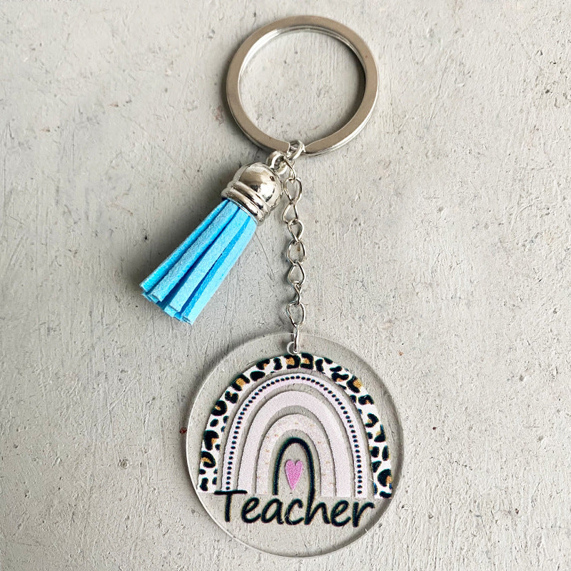 Wholesale 2 Pairs/pack Western Style Rainbow Leopard Print Apple Teacher Gift Acrylic Keychain Teacher's Day ACC-KC-HY020