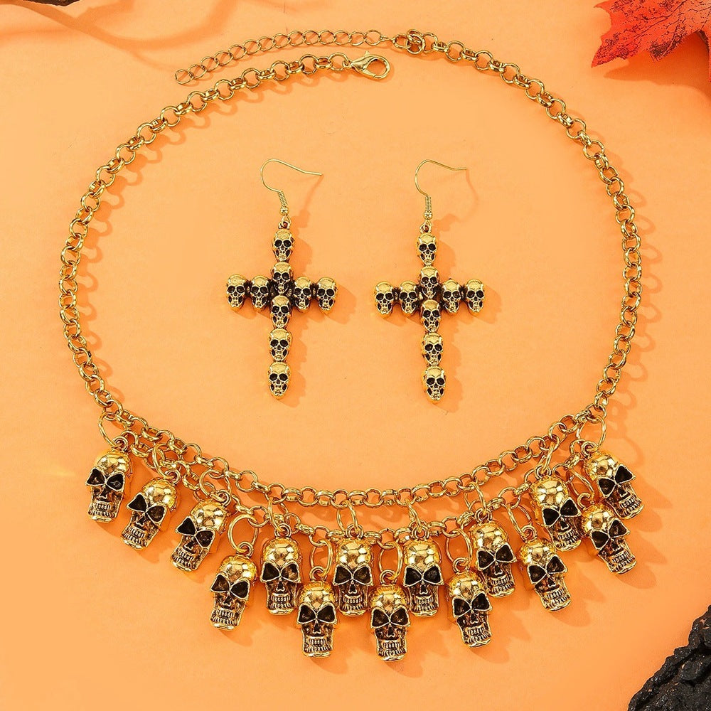 Wholesale Skull Design Vintage Alloy Jewelry Set Earrings and Necklace Fashion Accessory
