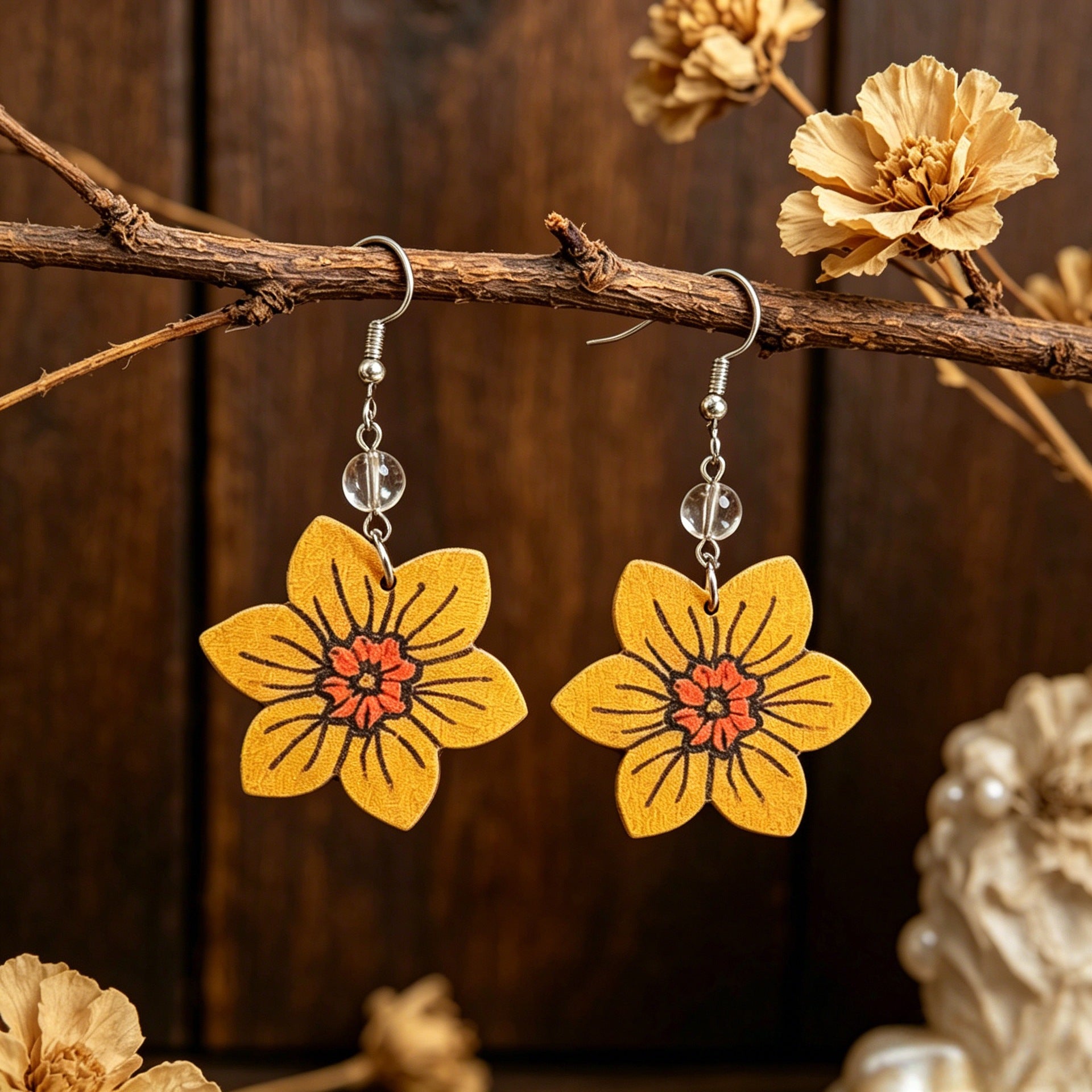 Wholesale Retro Yellow Floral Wooden Earrings with Transparent Beads - Jewelry Accessory for Boutique Resale