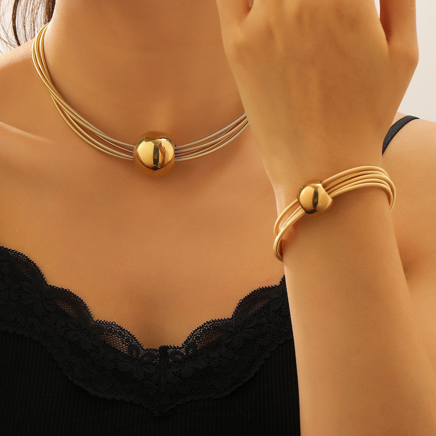 Wholesale Gold Tone Punk Style Multi Layer Chain Necklace And Bracelet Set Geometric Ball Pendant Fashion Jewelry For Gift