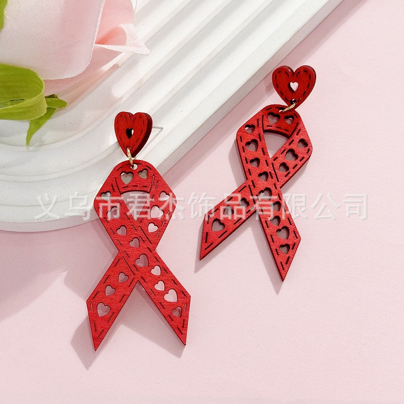 Wholesale Valentine's Day Red Ribbon Wooden Earrings