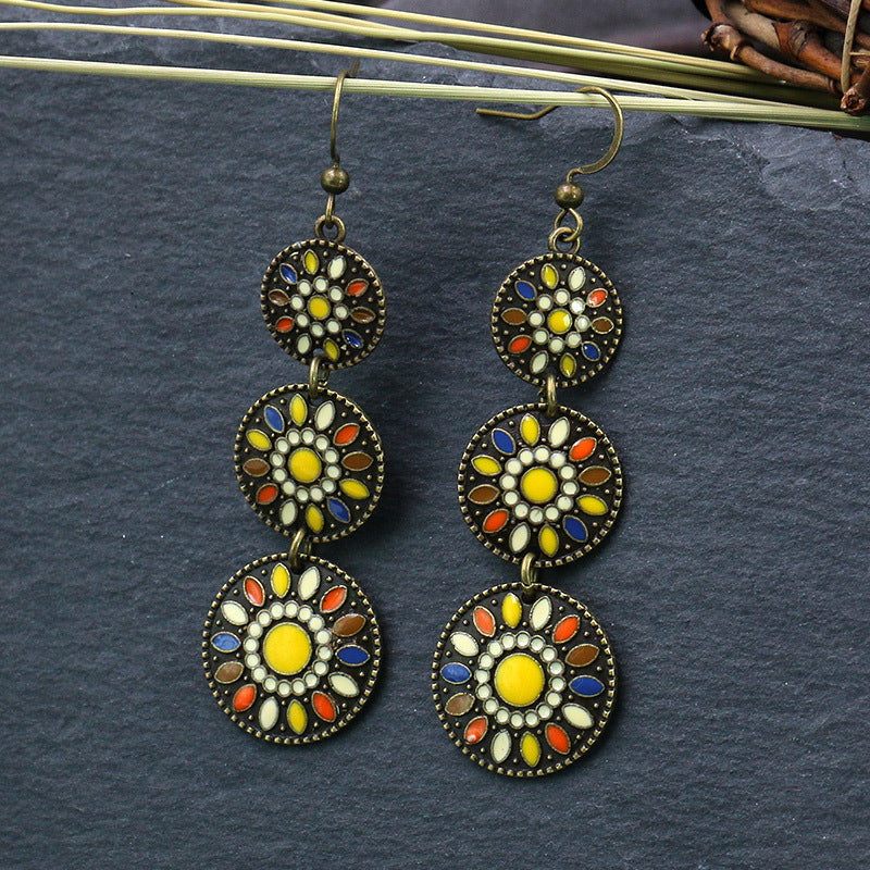 Wholesale hollow alloy retro color  diamond flower  earrings