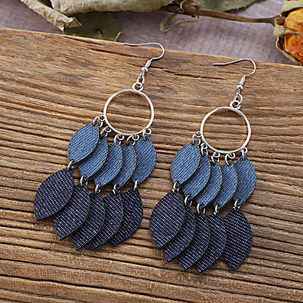 Wholesale Bohemian gradient blue denim feather leaf denim leather earrings