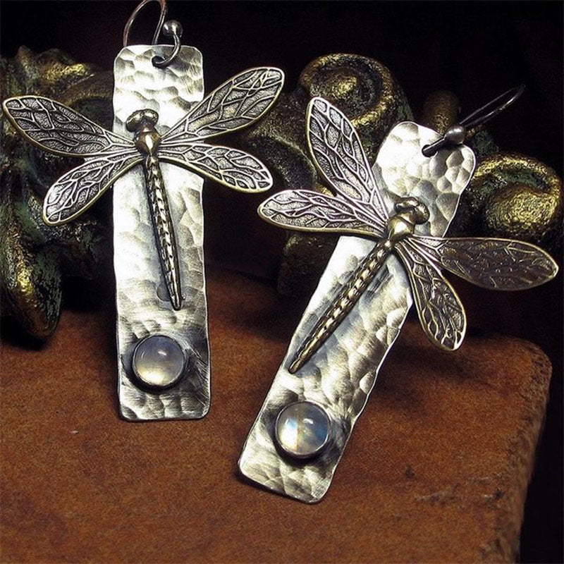 Wholesale Creative new insect dragonfly long earrings metal inlaid moonstone earrings