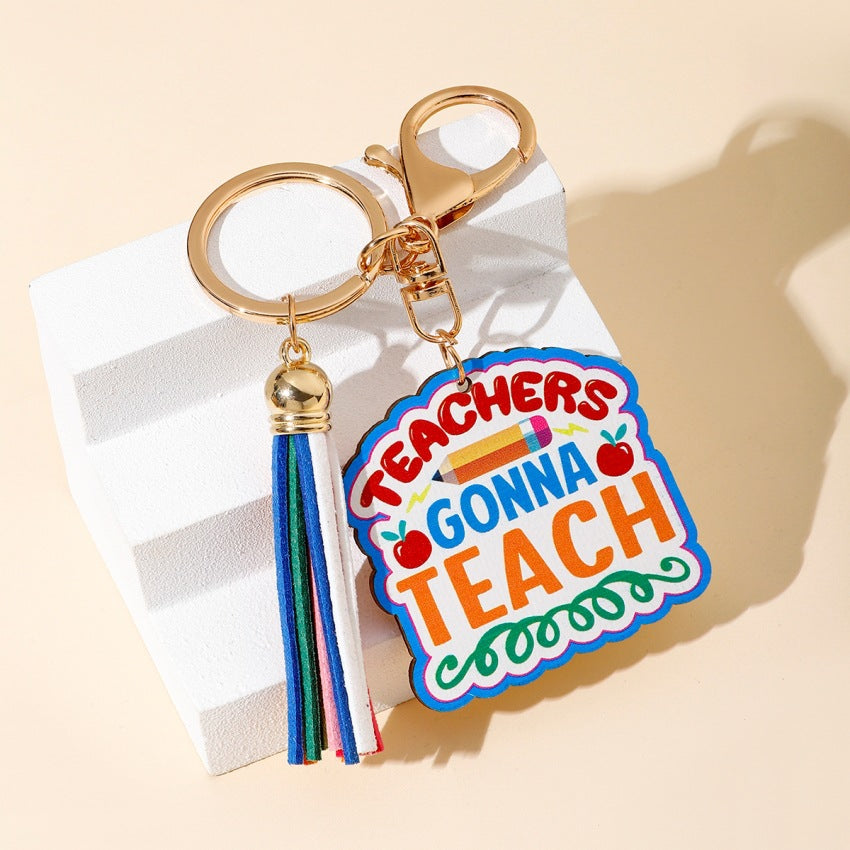 Wholesale Rainbow Teacher’s Day Wooden Sign Tassel Keychain ACC-KC-RongR043