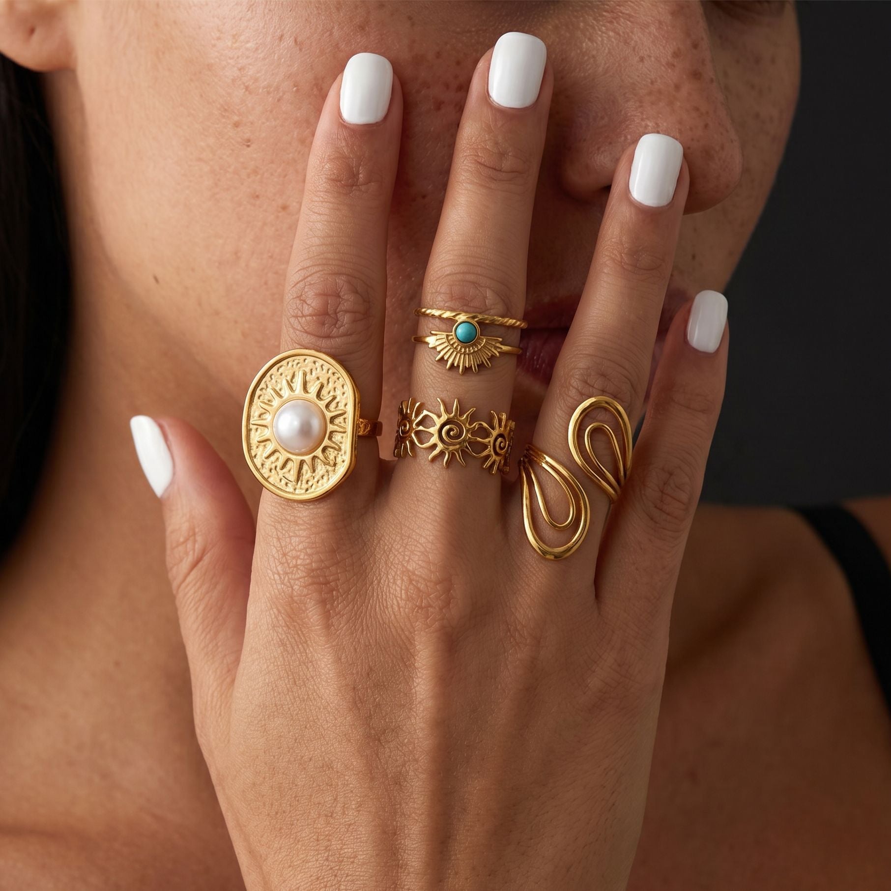 Wholesale Bohemian Sun Ginkgo Leaf Stacking Ring Set Stainless Steel Gold Plated Fashion Jewelry Accessory Gift
