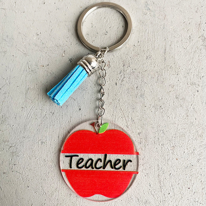 Wholesale 2 Pairs/pack Western Style Rainbow Leopard Print Apple Teacher Gift Acrylic Keychain Teacher's Day ACC-KC-HY020