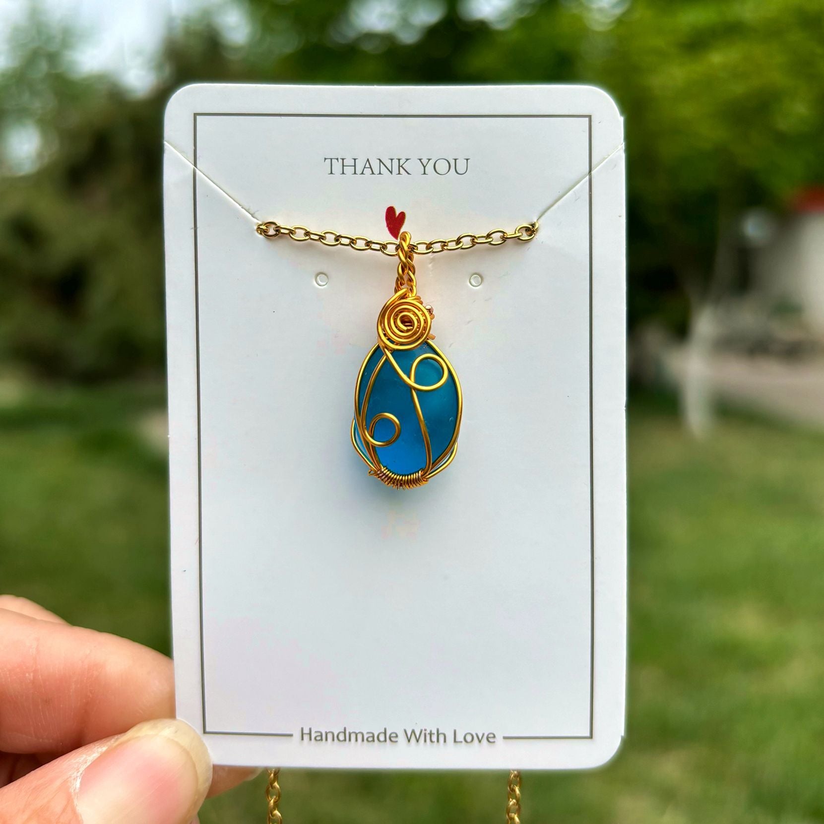 Wholesale Hand Wound Sea Glass Blue Necklace Pendant Crystal Natural Stone Crystal Mesh Bag ACC-NE-RongGuan012