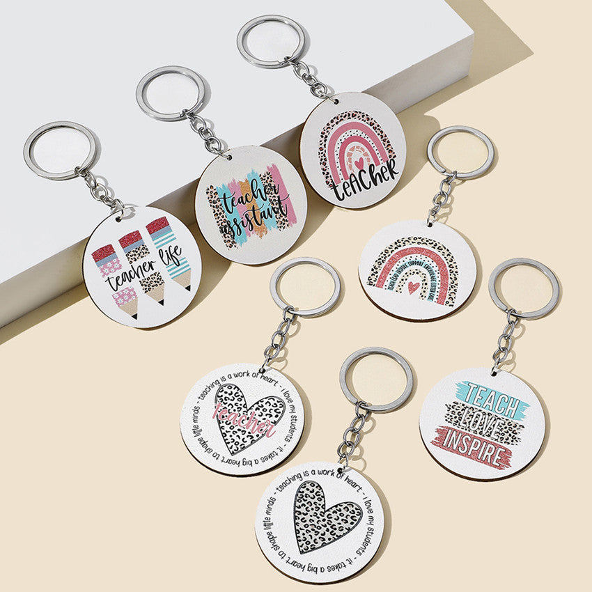 Wholesale Leopard Print Rainbow Teacher's Day Wooden Keychain ACC-KC-RongR025