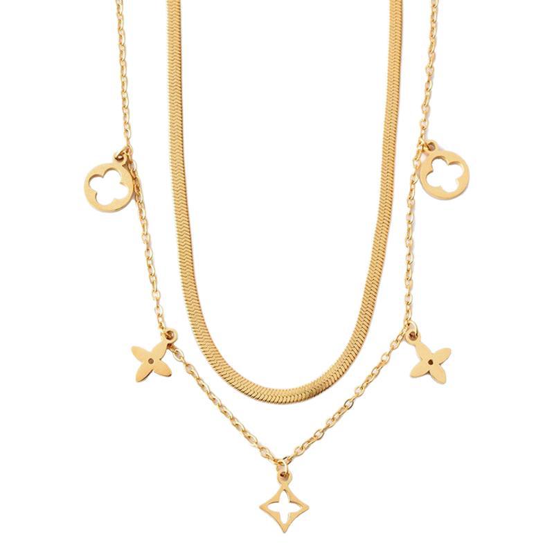 Wholesale Double-layer Necklace Flat Snake Clavicle Chain Irregular Four-leaf Flower Pendant Titanium Steel Necklace